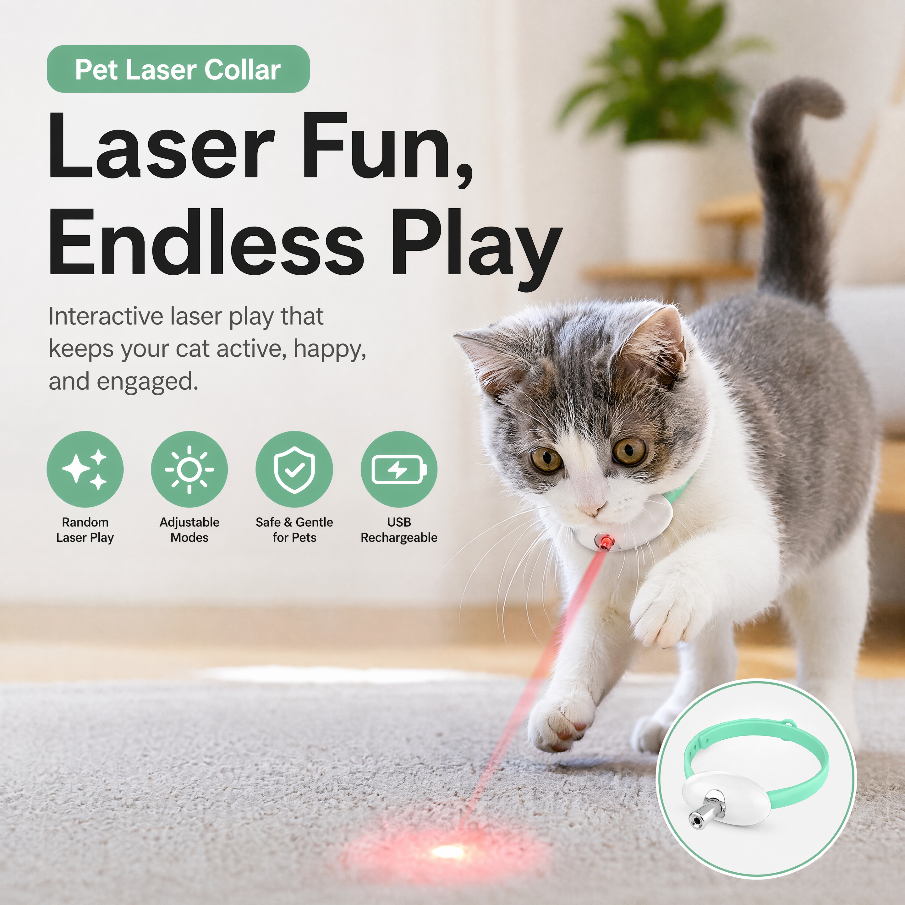 Rechargeable Laser Cat Collar Toy with Adjustable Soft Fit