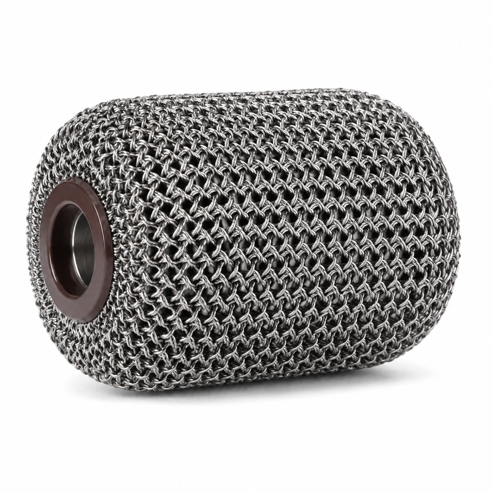 Close-up of the continuous-loop stainless-steel roller