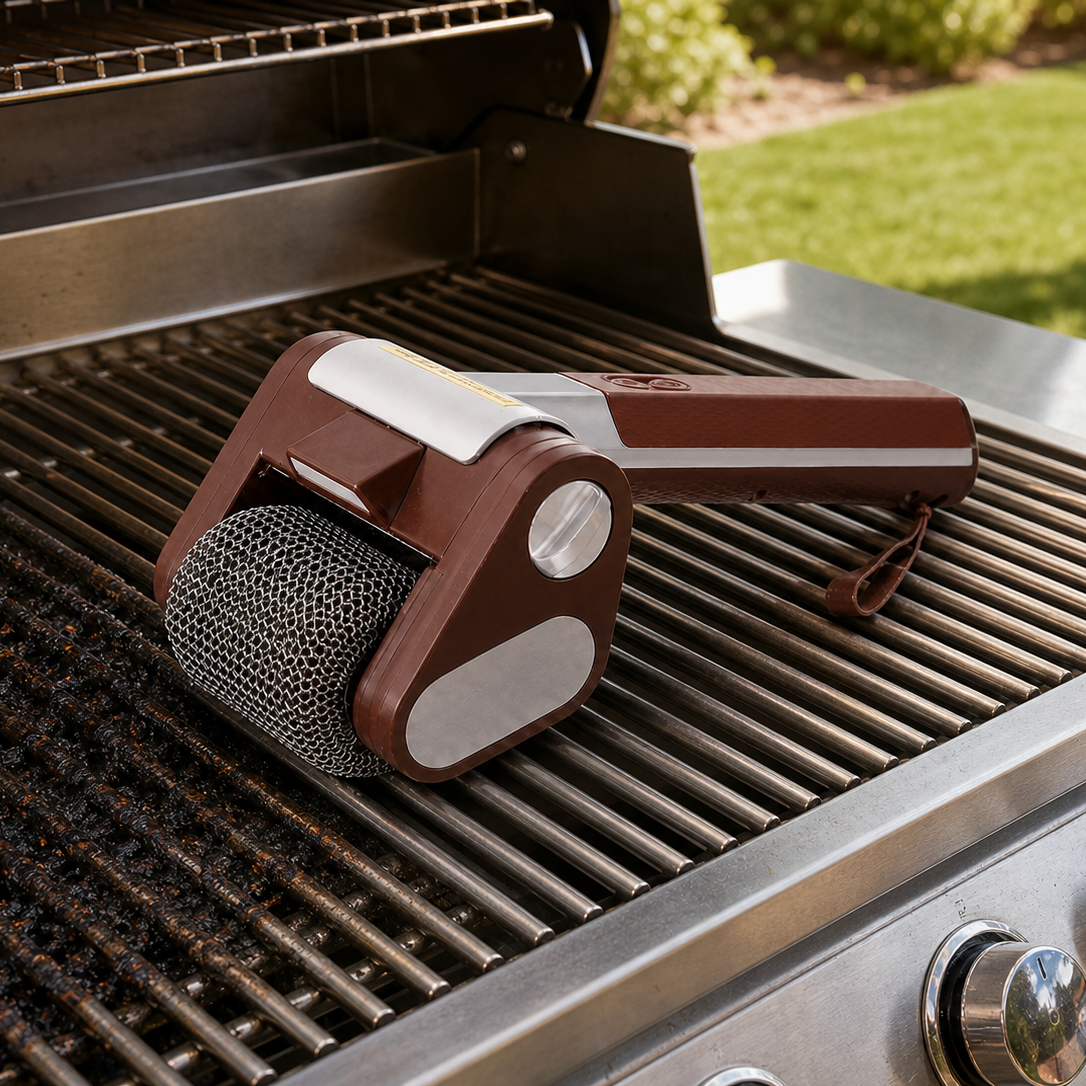 Cordless electric grill brush cleaning stubborn residue from an outdoor barbecue grate