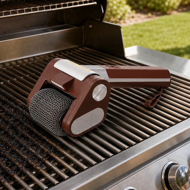 Cordless electric grill brush cleaning stubborn residue from an outdoor barbecue grate
