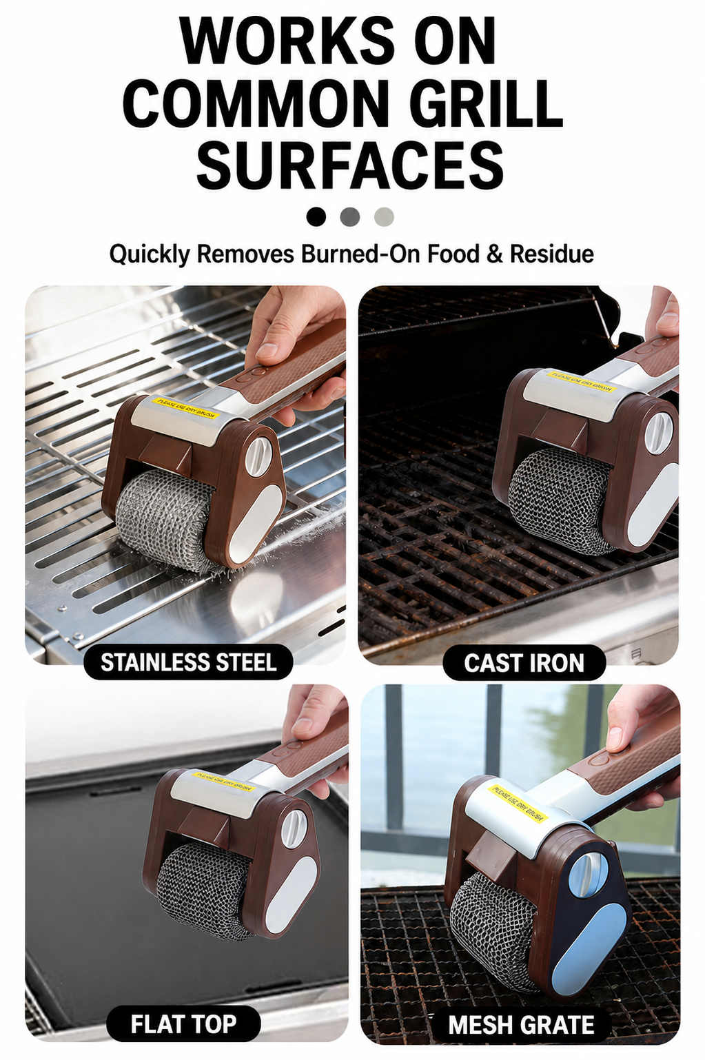 Cordless grill cleaner shown on several grill surface types