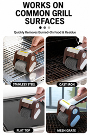 Electric grill brush shown on compatible grill surfaces