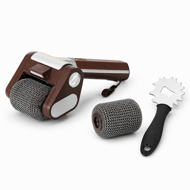 Complete cordless electric grill cleaning set with spare full-length roller head and BBQ scraper