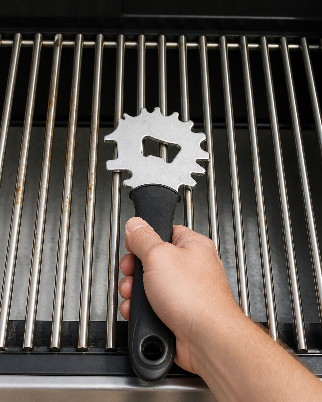 Grill scraper held by its handle with the notched edge aligned to a grill bar