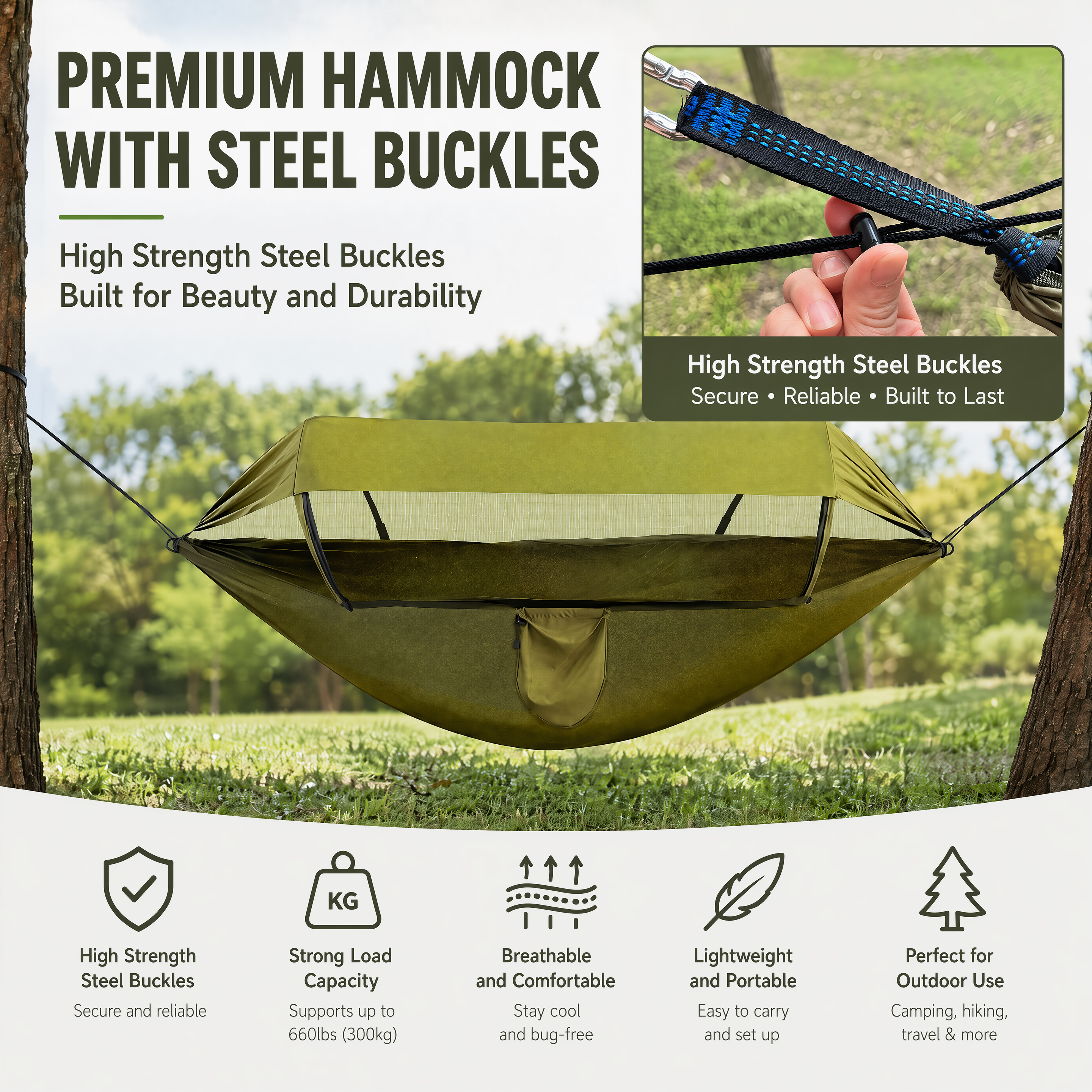 Lightweight Travel Hammock with Bug Net, Quick Setup & Steel Hooks