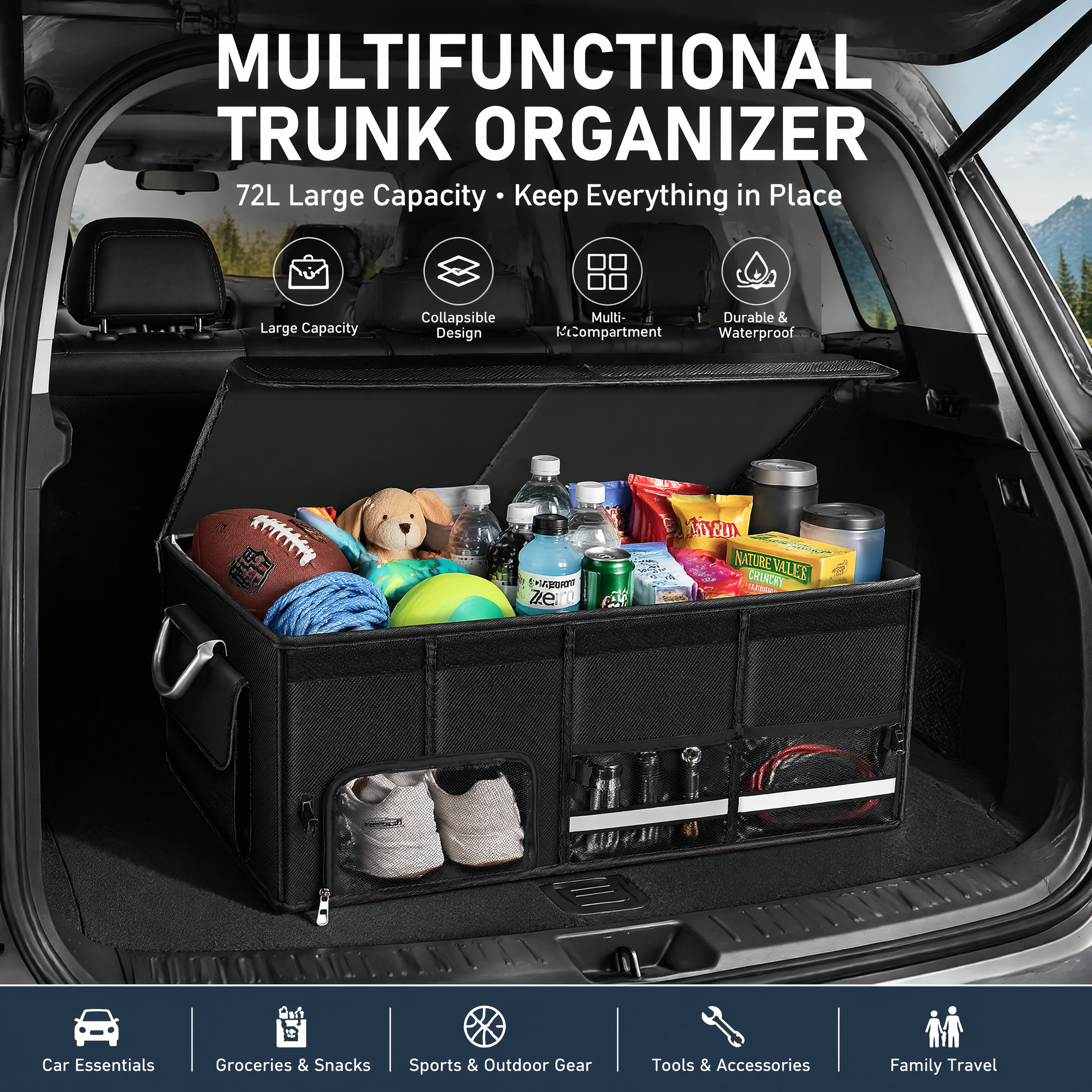 Foldable Car Trunk Organizer for Daily, Work & Home Storage