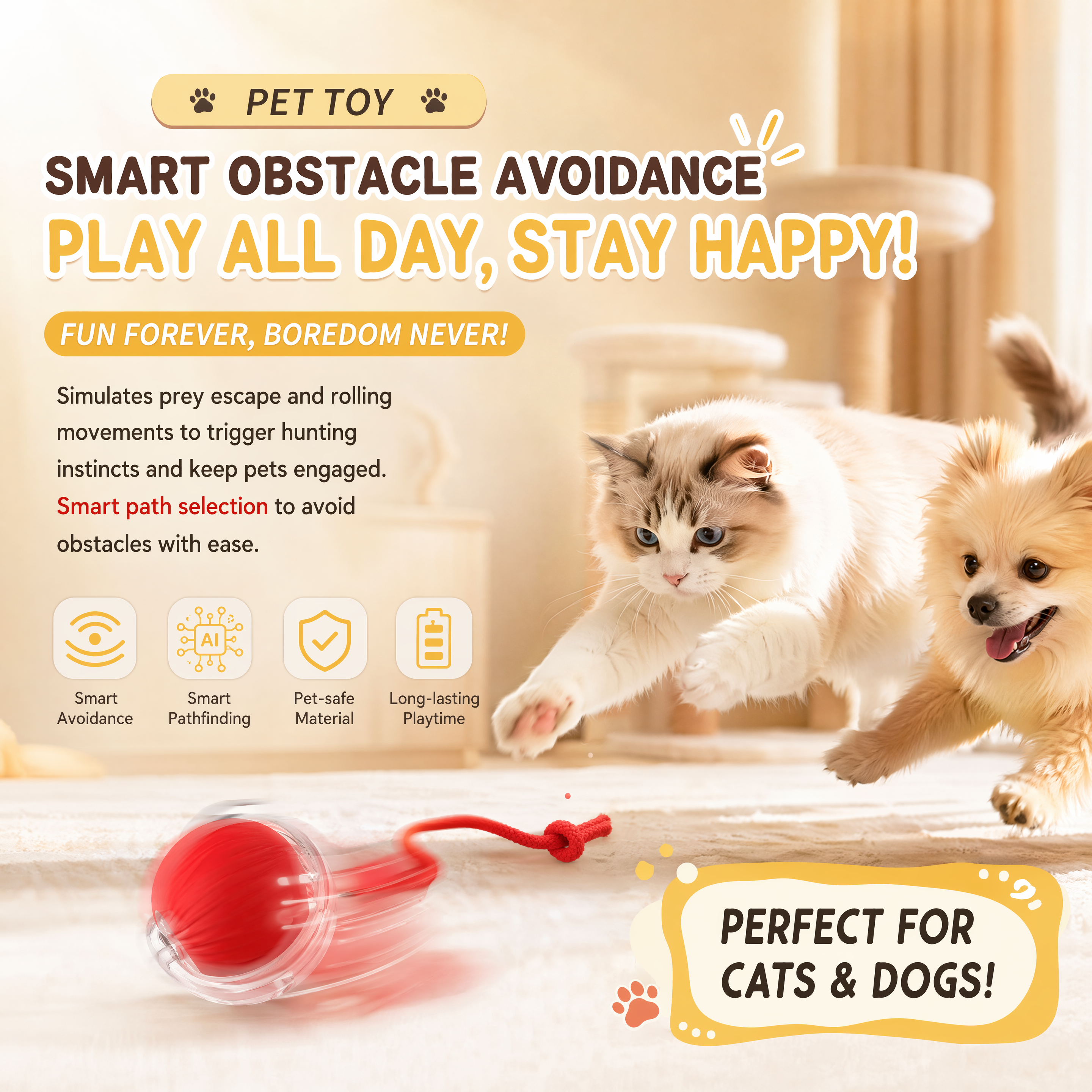 3-Pack Interactive Silicone Cat Toy Ball with Smart Obstacle Avoidance
