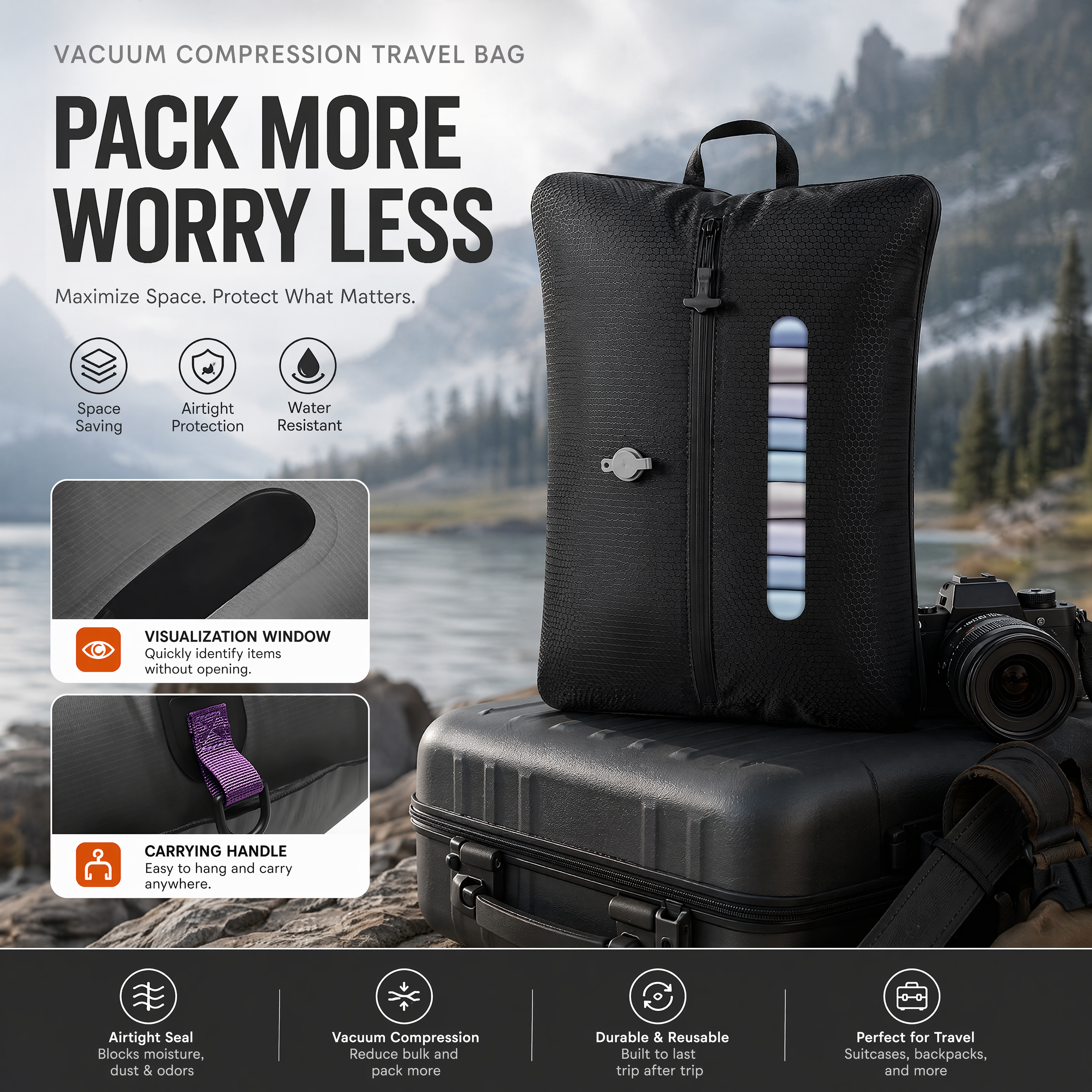 3-Pack Reusable Waterproof Vacuum Storage Bag for Travel & Home