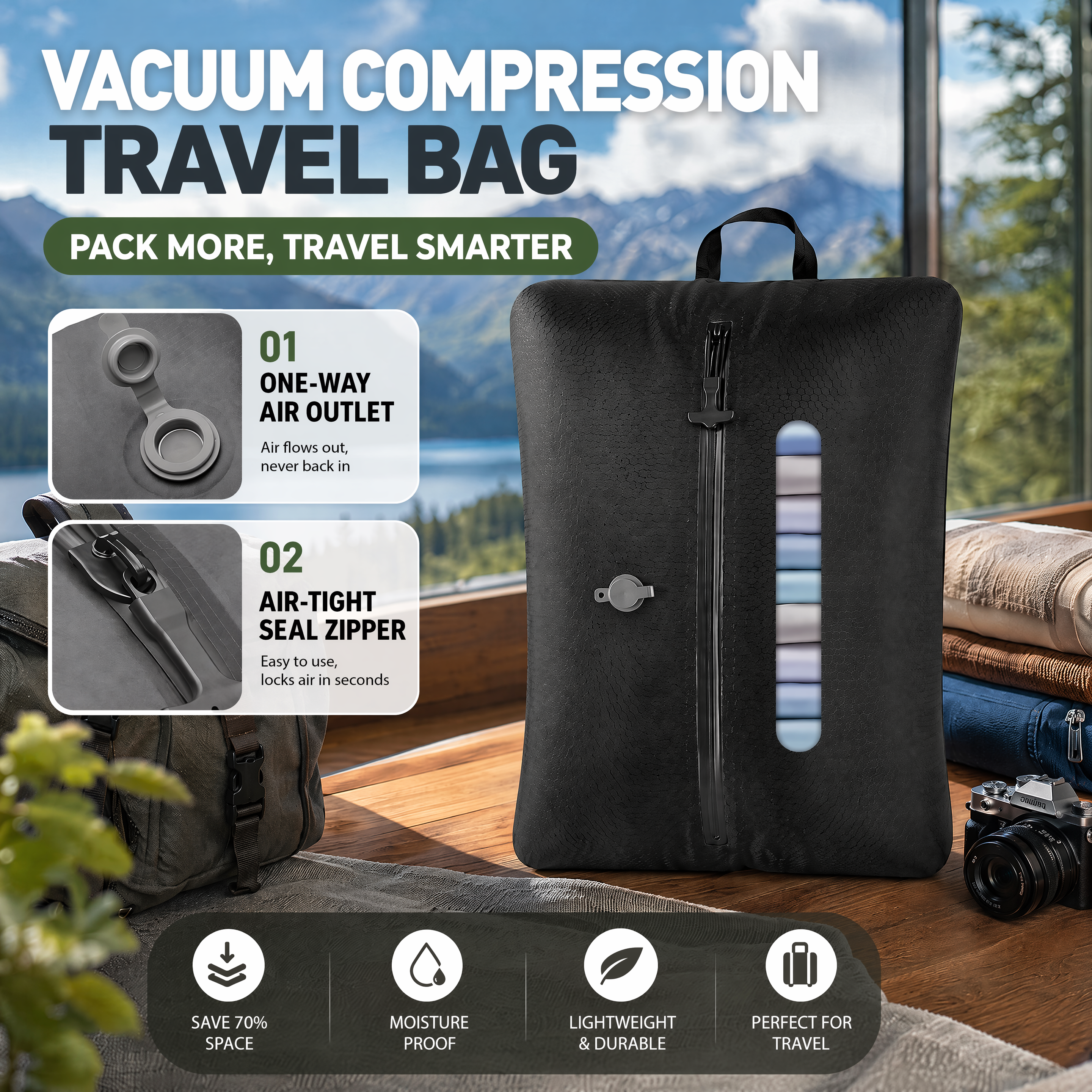 3-Pack Reusable Waterproof Vacuum Storage Bag for Travel & Home